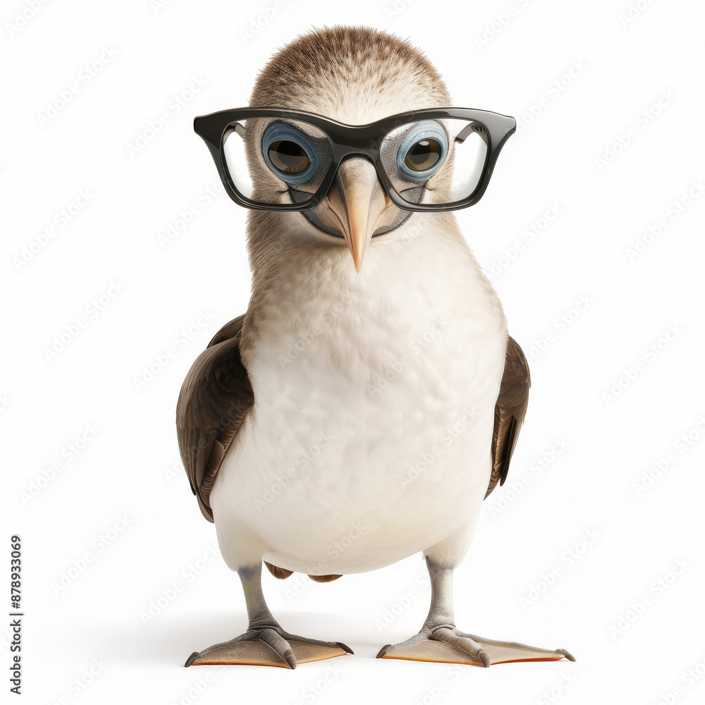 Obraz premium Adorable bird with glasses standing upright, with a curious and intelligent expression, isolated on white background.