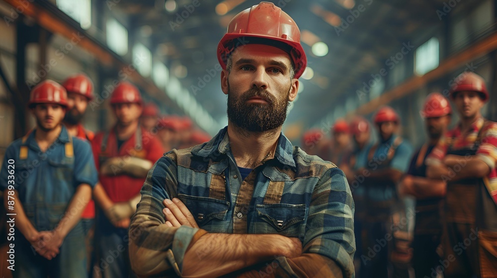 Labor Day: A confident worker stands with arms crossed in a factory, exemplifying leadership and solidarity among his team. Labor Day: A confident worker stands with arms crossed in a factory, exemplifying leadership and solidarity among his team.