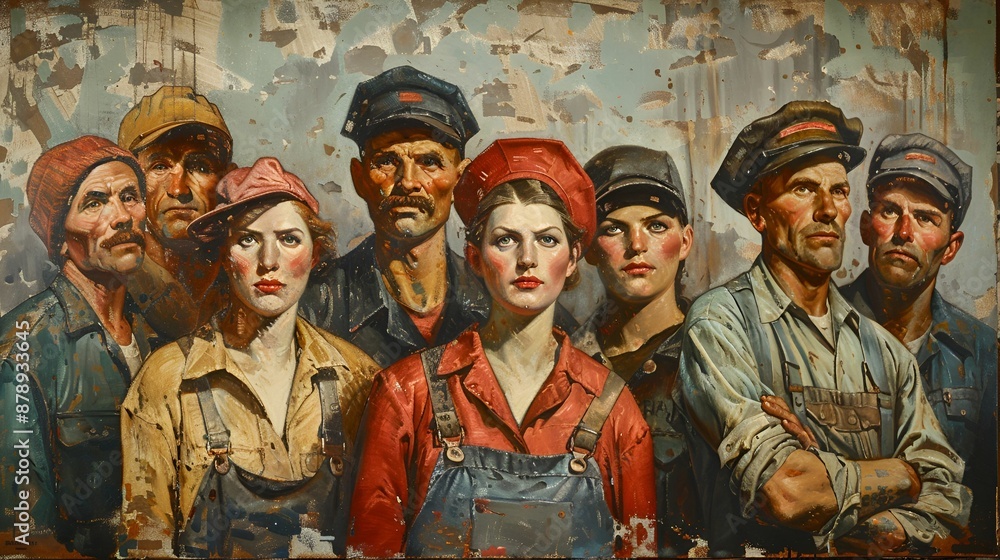Labor Day: A diverse group of workers, both men and women, stand together, showcasing unity, determination, and resilience. Labor Day: A diverse group of workers, both men and women, stand together, showcasing unity, determination, and resilience.