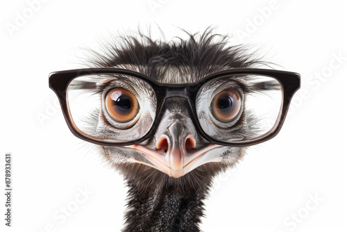 Close-up of a funny ostrich wearing glasses against a white background. Humorous, quirky, and captivating animal portrait. photo