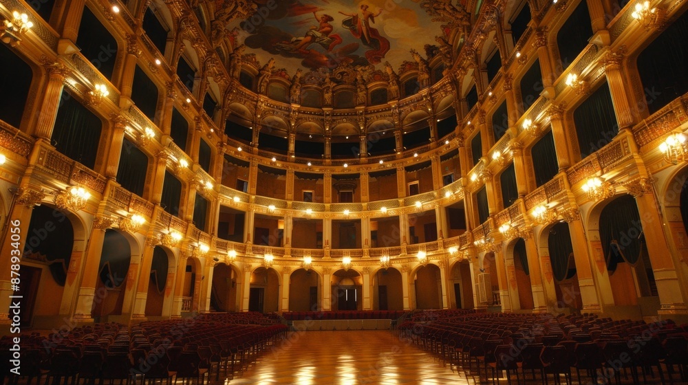 Obraz premium A beautiful baroque opera house with lavish interiors, ornate balconies, and a grand stage.
