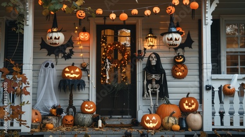 A decorated front porch with pumpkins, ghosts, and skeletons, ready for Halloween night.
