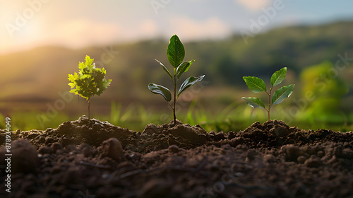 Three stages of tree growth side by side: a sapling, a young tree, and a mature tree. photo