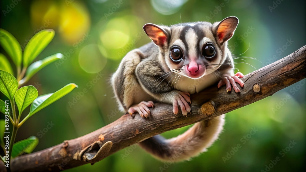 Full-body portrait of a sugar glider clinging to a branch Full-body portrait of a sugar glider clinging to a branch