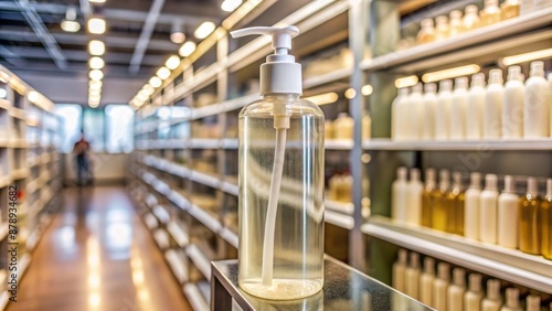 A solitary, transparent, plastic bottle of luxurious hair cleanser rests on a clutter-free, modern store shelf awaiting purchase. © Caitlin