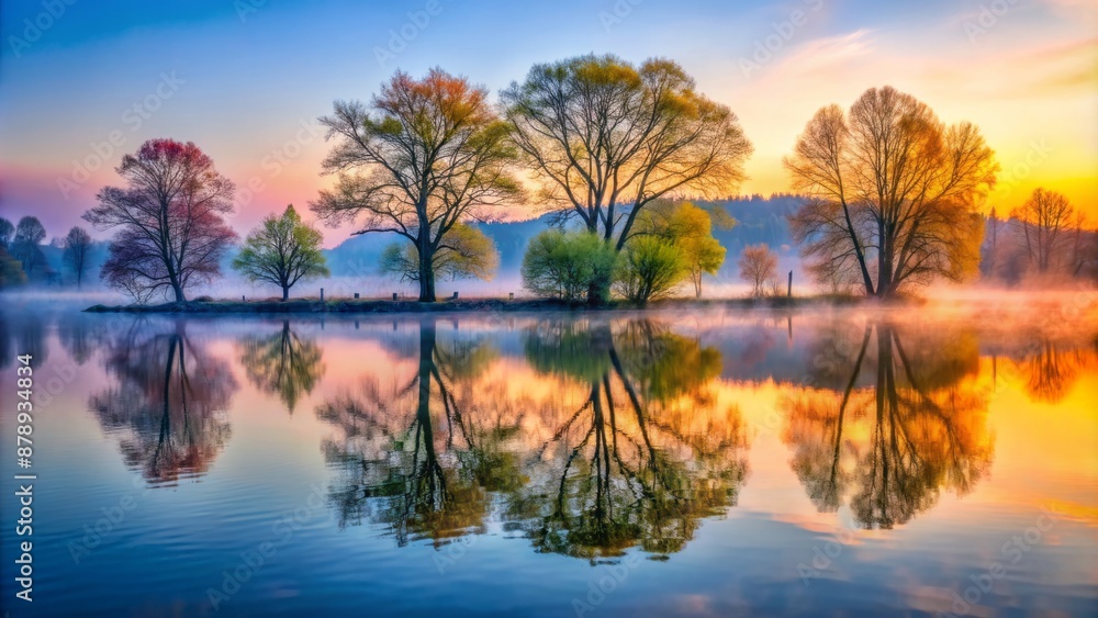 Obraz premium Serene dawn breaks over tranquil lake waters, reflected trees stand tall amidst misty veil, vibrant hues herald early spring awakening.