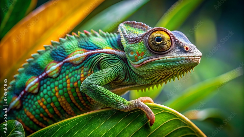 Obraz premium Full-body portrait of a chameleon on a leaf