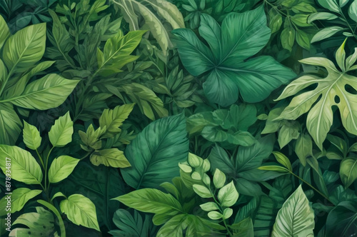 Wallpaper Mural Lush Greenery Background with Detailed Leaf Illustrations Torontodigital.ca