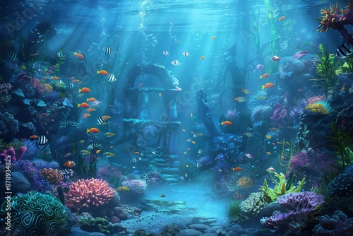 Amazing underwater world with a huge variety of fish, generated by ai