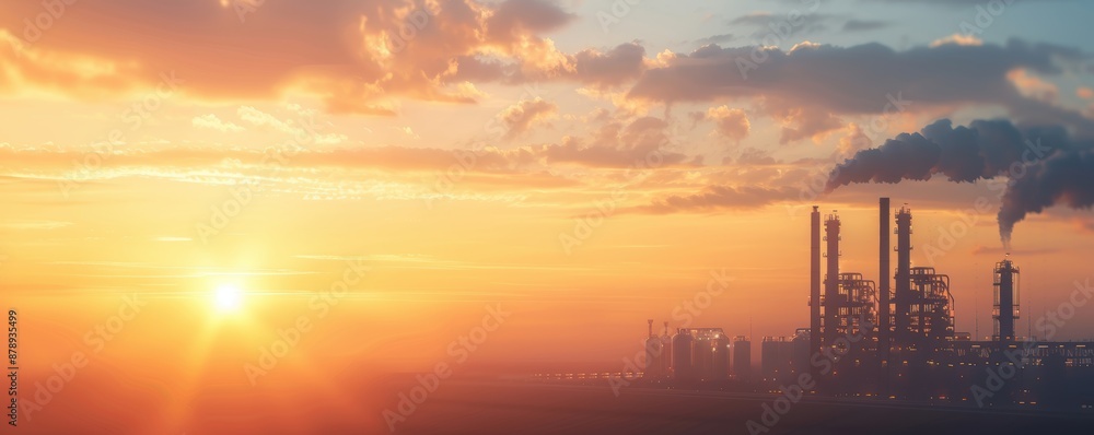 Industrial skyline with factories emitting smoke at sunset, illustrating pollution and environmental impact. Industrial skyline with factories emitting smoke at sunset, illustrating pollution and environmental impact.