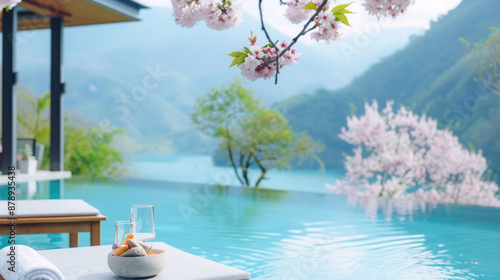 Hotel swimming pool accommodation by lake cherry blossom for relax vacation