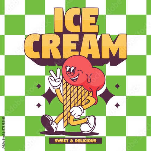 Funny cartoon character of ice cream. Can be used as Sticker, posters, prints. Retro cartoon style. Vector illustration