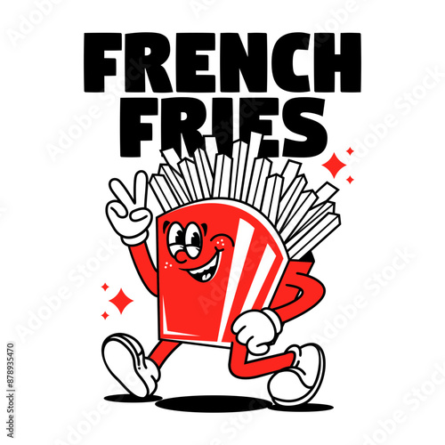 Funny cartoon character of frenc fries. Can be used as Sticker, posters, prints. Retro cartoon style. Vector illustration photo