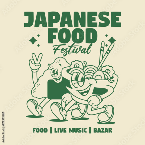 Funny cartoon character of ramen japanese food. Can be used as Sticker, posters, prints. Retro cartoon style. Vector illustration