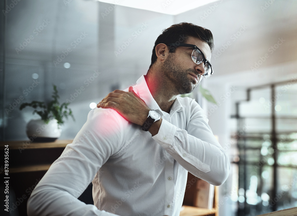Obraz premium Health, fatigue and man in office with shoulder pain, ergonomic stress and burnout at desk. Posture, frustrated and tired businessman with muscle injury, massage and consultant with workplace strain