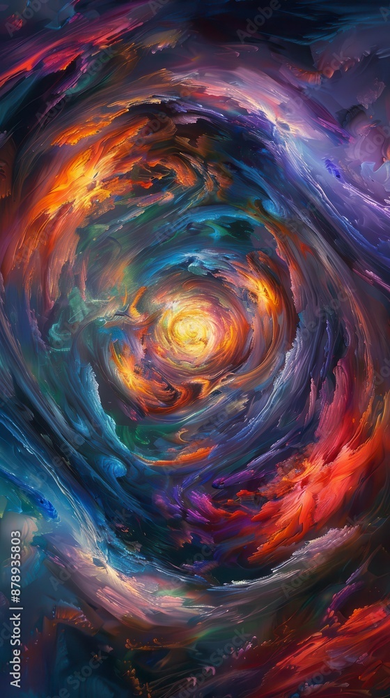 A swirling pattern of vibrant, colorful clouds surrounding a bright yellow light A swirling pattern of vibrant, colorful clouds surrounding a bright yellow light