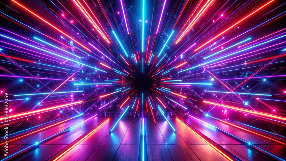 Vibrant abstract neon lights display radiant purple and red lines shining brightly with energetic glowing effects on dark black background. Vibrant abstract neon lights display radiant purple and red lines shining brightly with energetic glowing effects on dark black background.