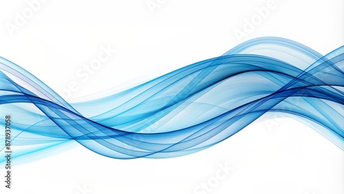 Calming abstract wavy blue lines varying in thickness and curve smoothly flow across a crisp white background texture.