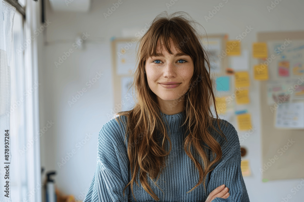 Creative Female Designer in Blue Sweater Brainstorming Ideas on Sticky Notes in Office Creative Female Designer in Blue Sweater Brainstorming Ideas on Sticky Notes in Office
