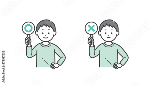 まるとばつの札を持って腰に手を当てる少年の上半身イラスト