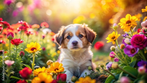 Adorable little puppy surrounded by vibrant colorful flowers in a whimsical outdoor setting with warm natural sunlight shining down. photo