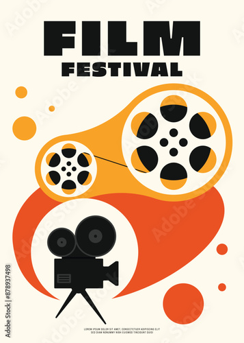 Movie festival poster template design with camera and film reel