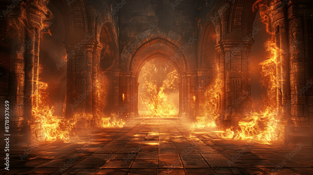 Ancient Castle Interior with Stone Arches and Flames Ancient Castle Interior with Stone Arches and Flames