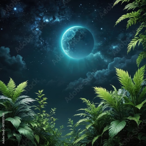 Tropical Night Sky with Full Moon and Lush Foliage. © BOJOShop