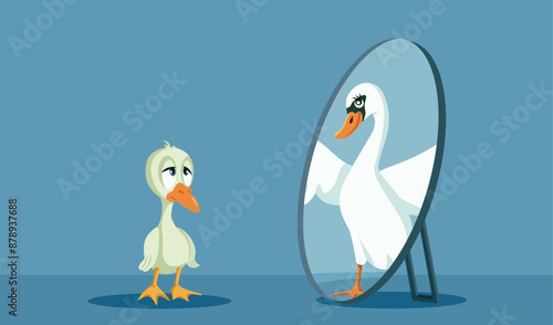 Ugly Duckling Looking in the Mirror Seeing a Swan Vector Illustration. Transformation glow up story of a little suck developing into a swan
