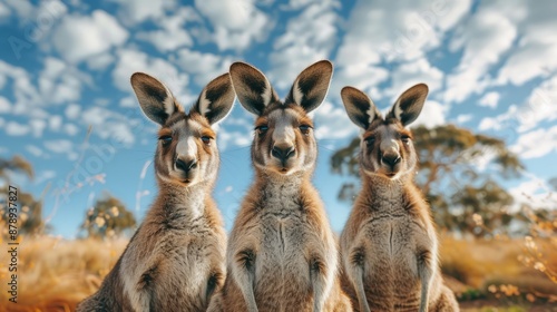 Alert Eastern Grey Kangaroos, Macropus giganteus, with cloud-filled blue sky background, Mount Canobolas State Conservation Area, Orange, NSW, Australia. Retro toned photo