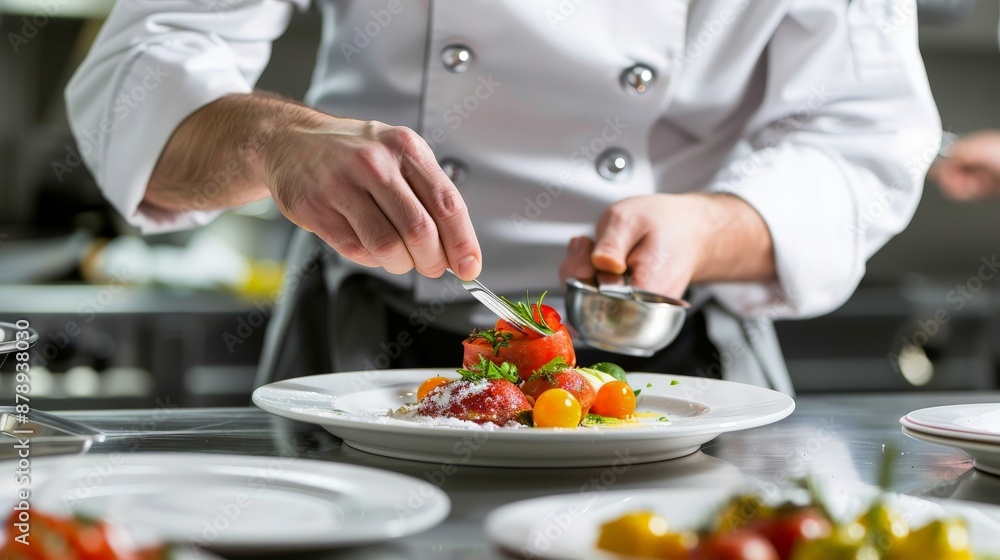 Chef garnishing a gourmet dish in a busy restaurant kitchen Chef garnishing a gourmet dish in a busy restaurant kitchen