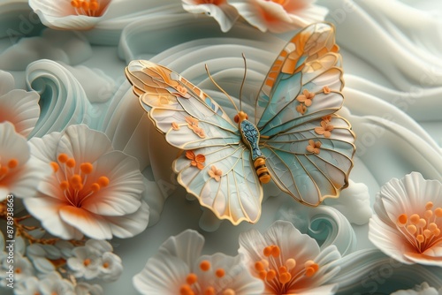 Whimsical paper garden, exquisite butterfly and floral sculptures. crafted with care, illustrating dreams and romance, perfect for banner displays with organic charm