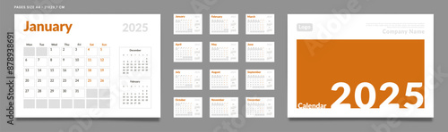 Set of 2025 Calendar Planner Template Pages Monthly, Cover with Place for Photo and Company Logo. Vector layout of a wall or desk calendar with week start Monday for printing. Page size A4-21x29.7cm
