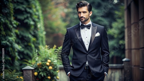 Full-body portrait of a groom in a tuxedo, looking dapper