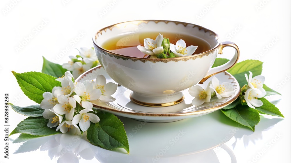 Delicate tea cup adorned with white flowers and lush green leaves positioned elegantly on a crisp, pristine white background. Delicate tea cup adorned with white flowers and lush green leaves positioned elegantly on a crisp, pristine white background.