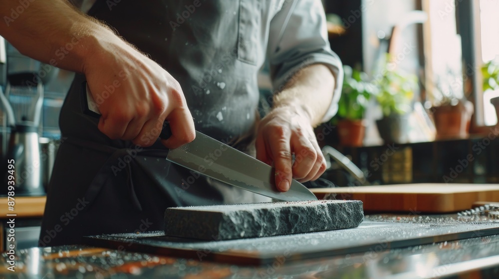 Chef sharpening knives on a stone in a well-equipped kitchen Chef sharpening knives on a stone in a well-equipped kitchen