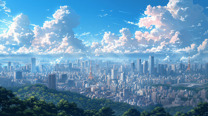 anime tokyo city skyline with skyscraper buildings and blue sky in daytime, high detailed cartoonish art, wallpaper background 16:9 high resolution