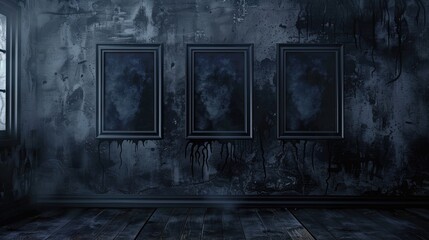 Creepy spooky black frames on old wall in haunted house