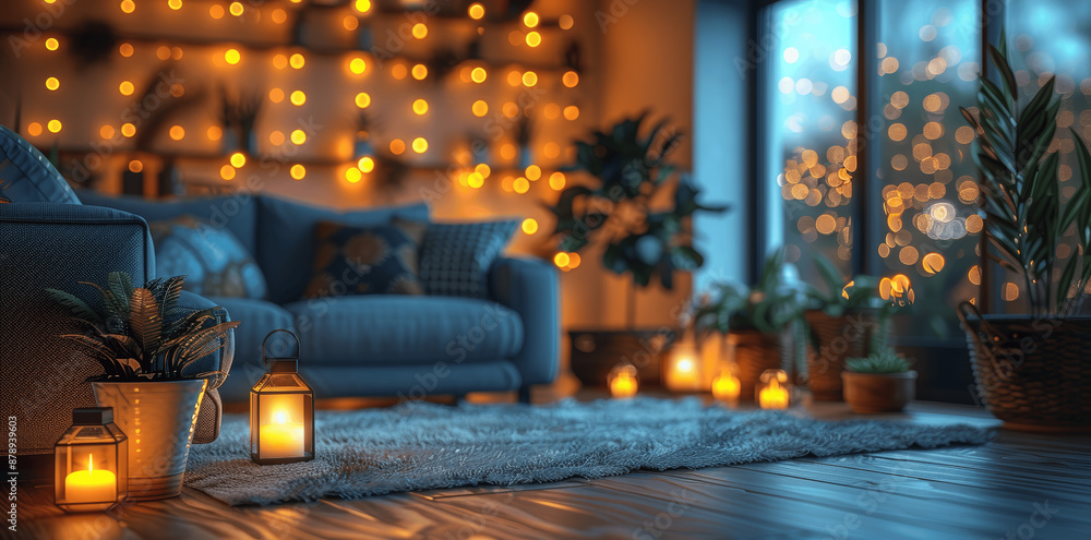 Cozy Romantic Terrace with String Lights and Lanterns at Night with Blue and White Decor Relaxing Outdoor Space with Wicker Furniture and Potted Plants Cozy Romantic Terrace with String Lights and Lanterns at Night with Blue and White Decor Relaxing Outdoor Space with Wicker Furniture and Potted Plants