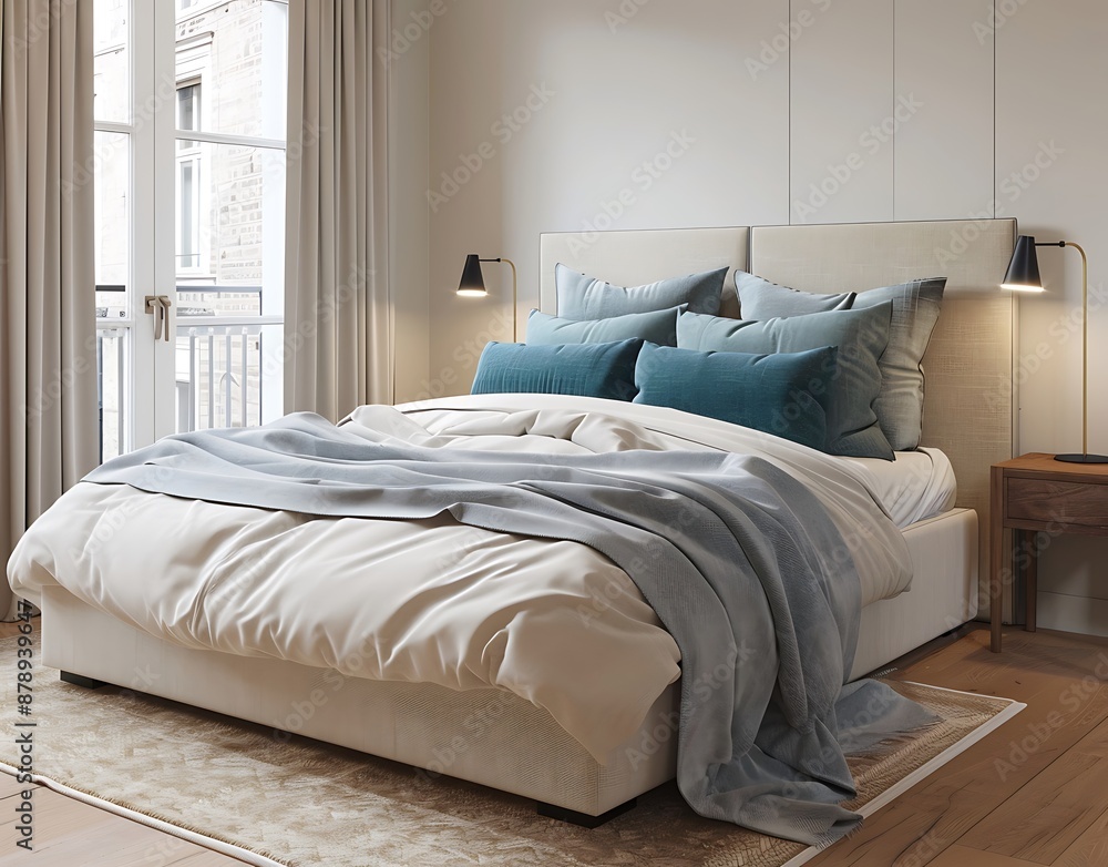 modern bedroom interior with bed, bedside table and lamp on the wall, cozy beige fabric headboard in large format, bluegreen pillows, light gray blanket, wooden floor, modern bedroom interior with bed, bedside table and lamp on the wall, cozy beige fabric headboard in large format, bluegreen pillows, light gray blanket, wooden floor,