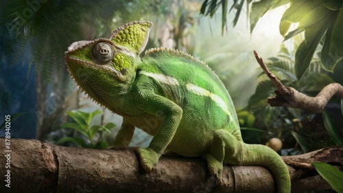 A green chameleon sits on a branch