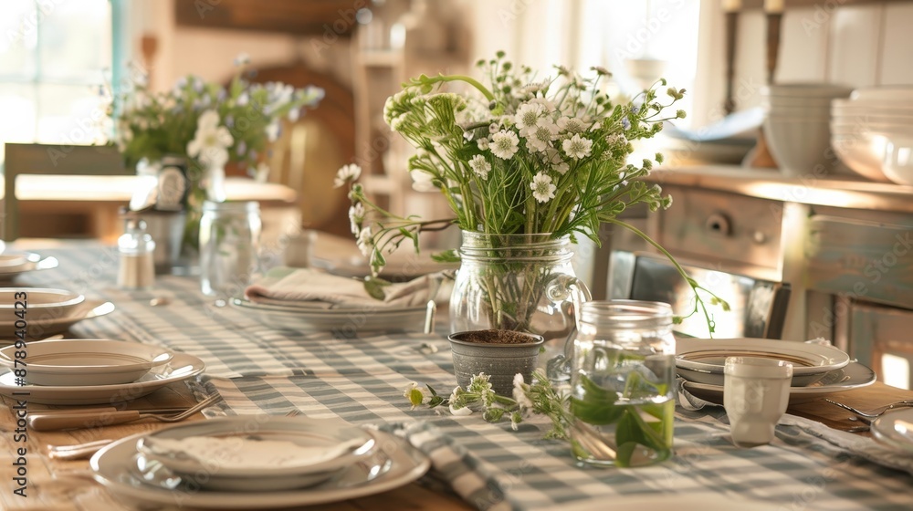 Fototapeta premium A farmhouse-style dining table decorated with a gingham tablecloth, mason jars filled with flowers, and rustic tableware.