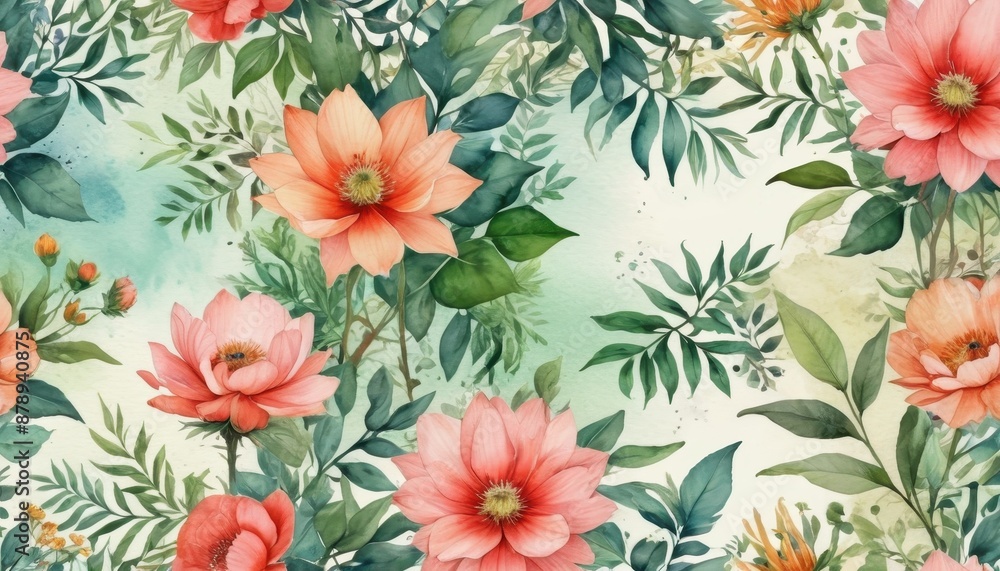 Obraz premium Watercolor Floral Seamless Pattern with Pink Flowers and Green Leaves.