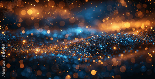 Blue and Gold Glitter Background with Bokeh Lights and Confetti for Holiday and Christmas Designs © btiger