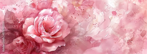 Floral watercolor rose flower painting with intricate details on pink