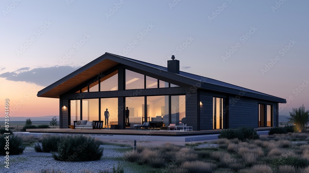 Obraz premium Home with silhouetted figures in assembly, integration theme, evening light, photo-realistic