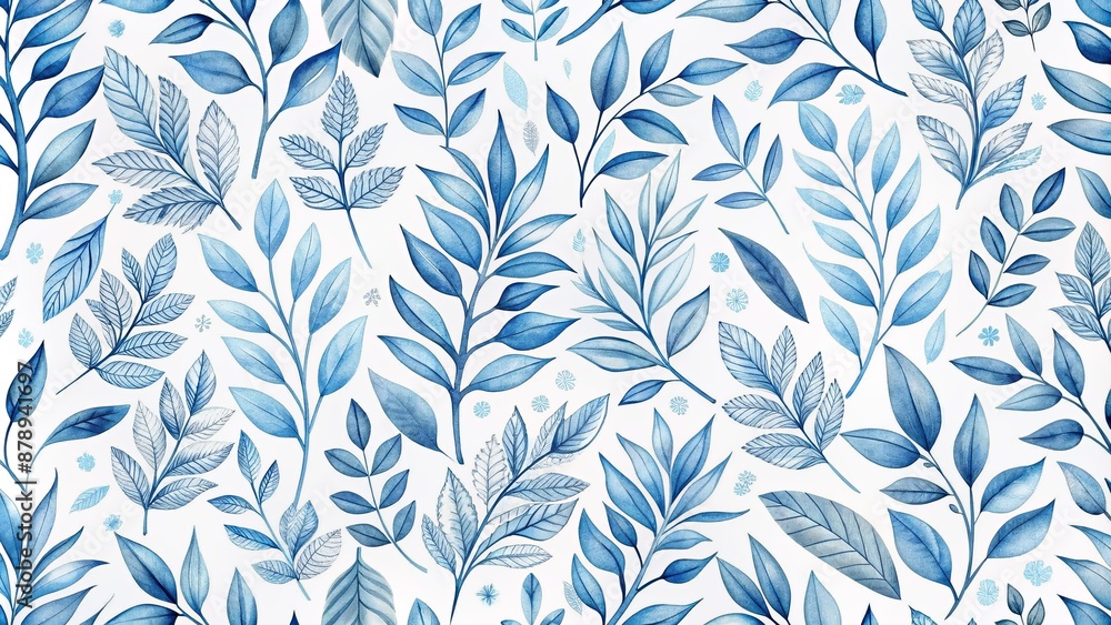 Delicate intricate blue leaf motif repeats seamlessly on a crisp white background, creating a soothing and elegant floral illustration. Delicate intricate blue leaf motif repeats seamlessly on a crisp white background, creating a soothing and elegant floral illustration.