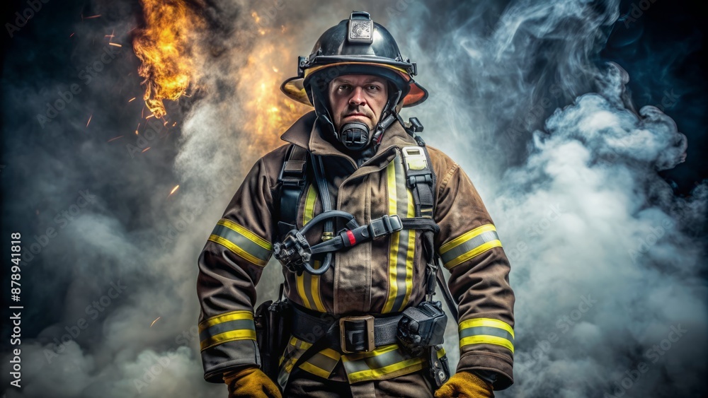 Full-body portrait of a firefighter with gear, ready for action Full-body portrait of a firefighter with gear, ready for action
