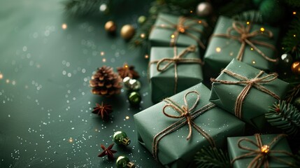 Beautifully Wrapped Green Christmas Gifts with Festive Decorations and Pine Cones on Holiday Table