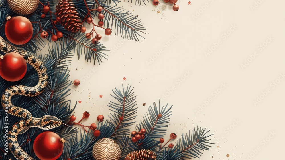 A New Year's banner with festive accessories and a snake. A place for your text. A New Year's banner with festive accessories and a snake. A place for your text.